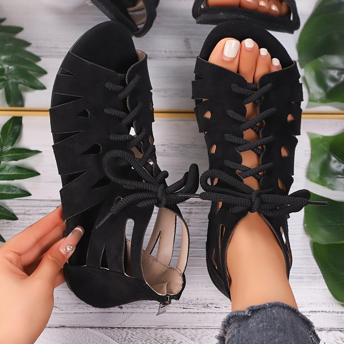 Zapatos romanos retro de mujer con cordones, peep toe, calzado de verano para la playa