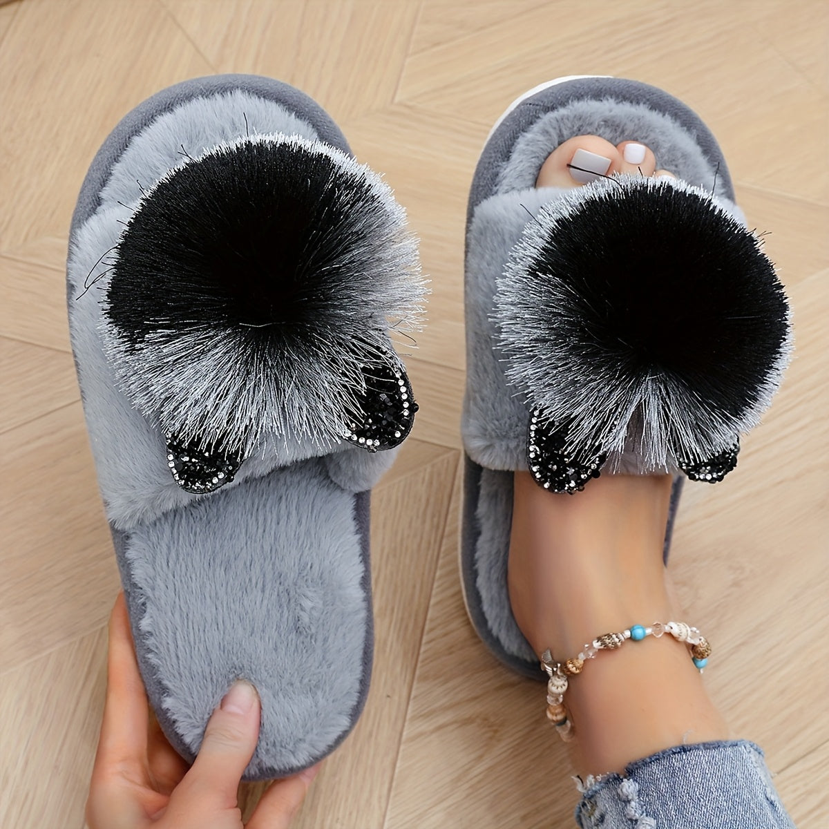 Women's Plush Faux Fur Slippers with Rhinestone Ears Indoor Outdoor Cozy Footwear