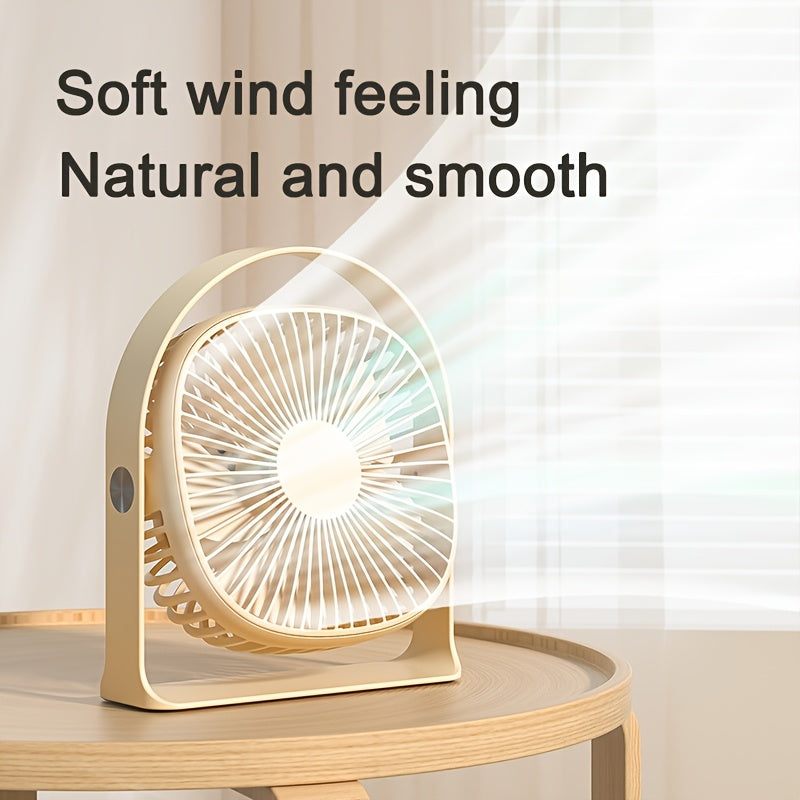 Desktop Fan with LED Light, 5-Speed, 360° Rotatable, USB Rechargeable, Portable