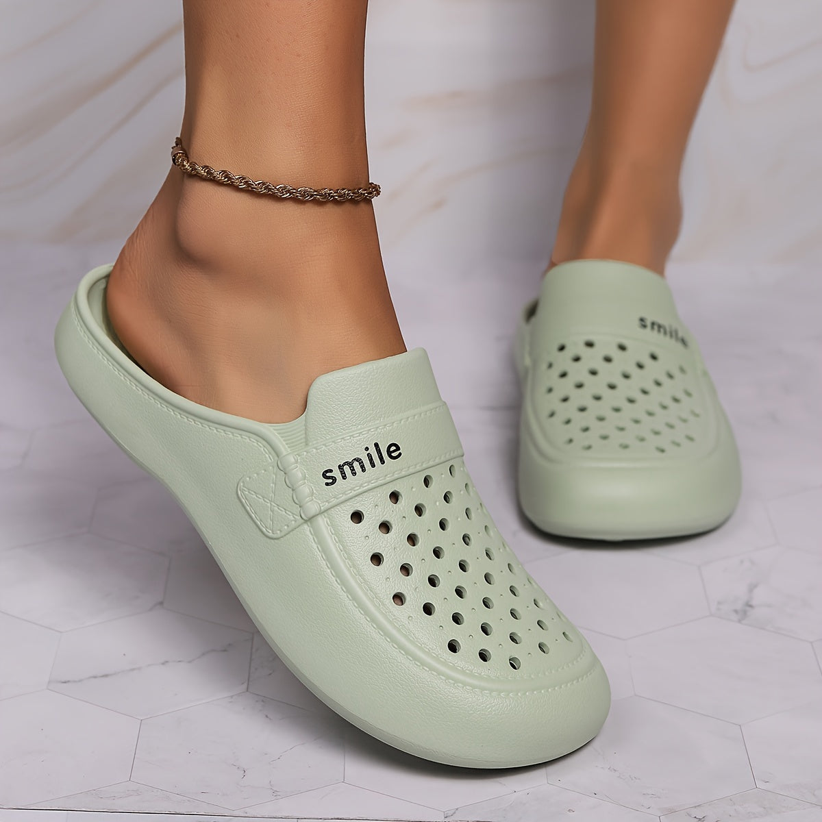 Women's Black EVA Mules with Smile Print Flat Casual Footwear