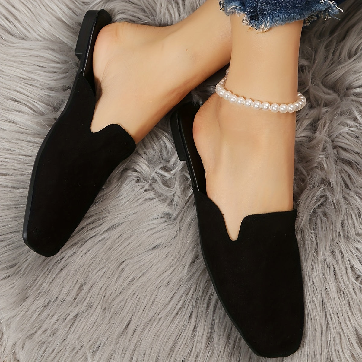 Women's Black Cover Slip-On Mules Flat Shoes with Rubber Sole