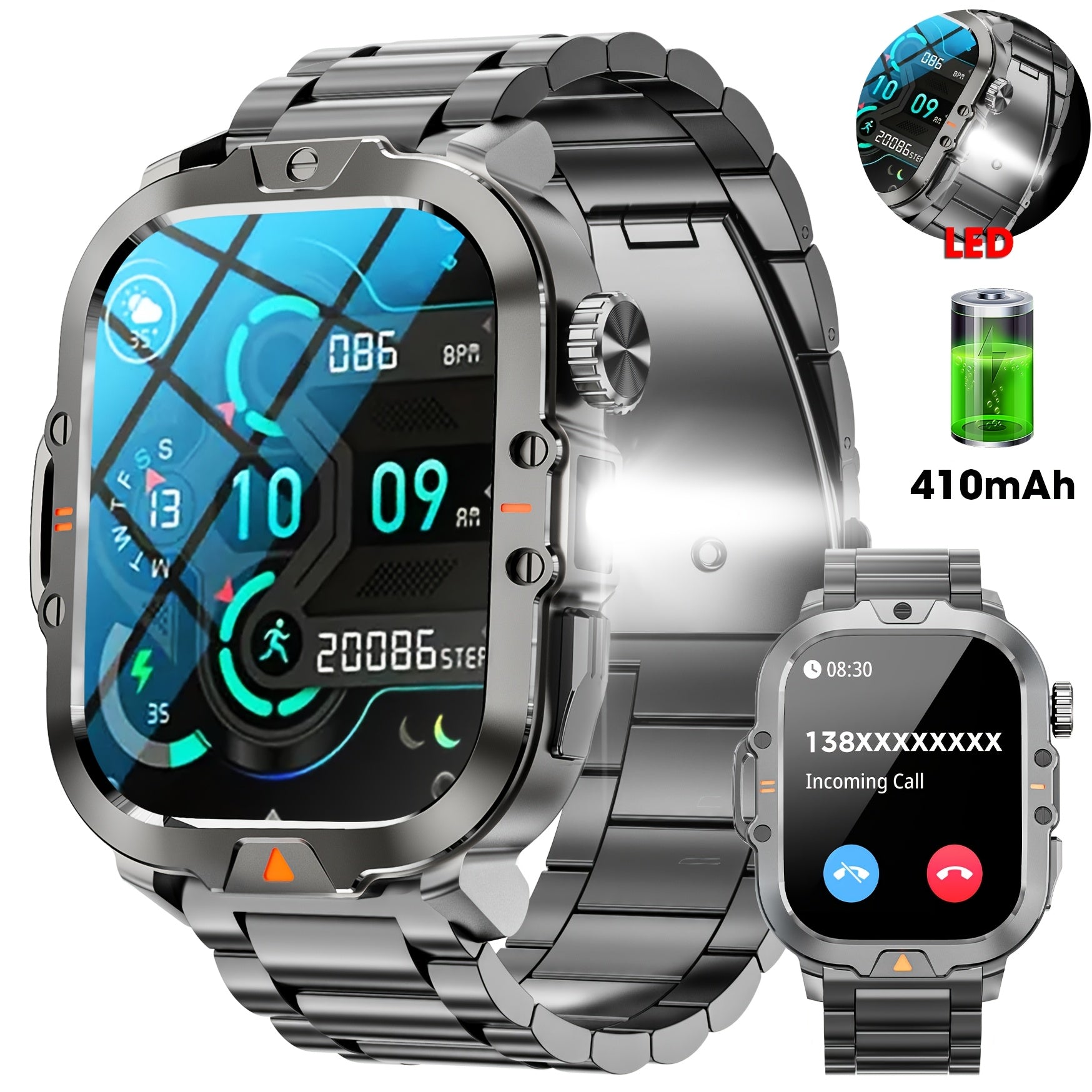 LZUEFK Smartwatch erkaklar va ayollar uchun, 5.11 sm HD ekran, simsiz qo'ng'iroq, fitnes kuzatuvchi, kaloriya va pedometr, mustahkam silikon tasma bilan.