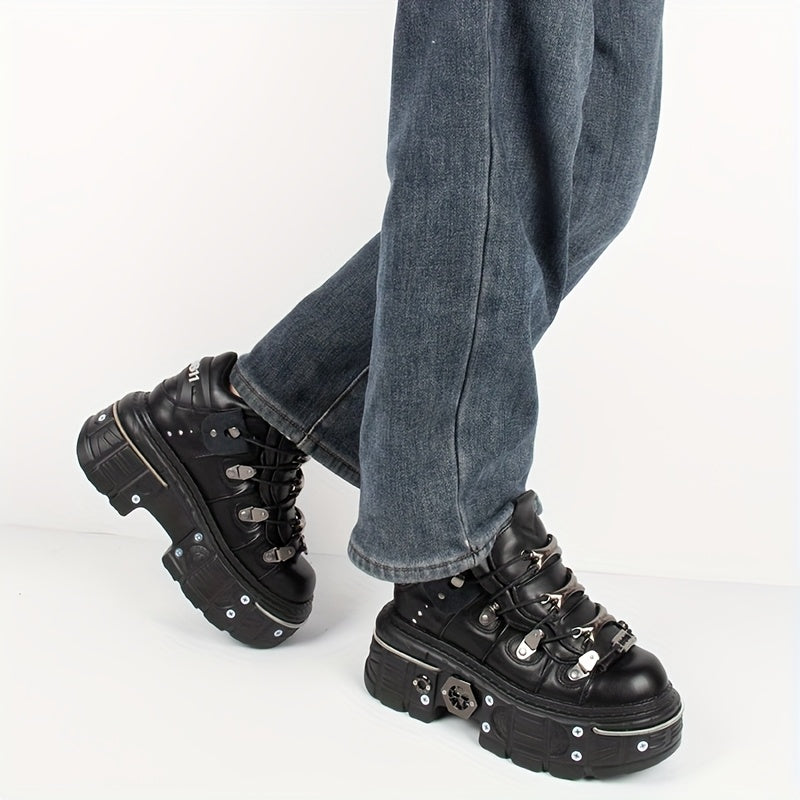 Women's Black Punk Platform Sneakers High Heel Round Toe Outdoor Shoes