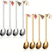 Set of 4 Festive Stainless Steel Christmas Coffee and Tea Spoons for Hot Chocolate and Desserts