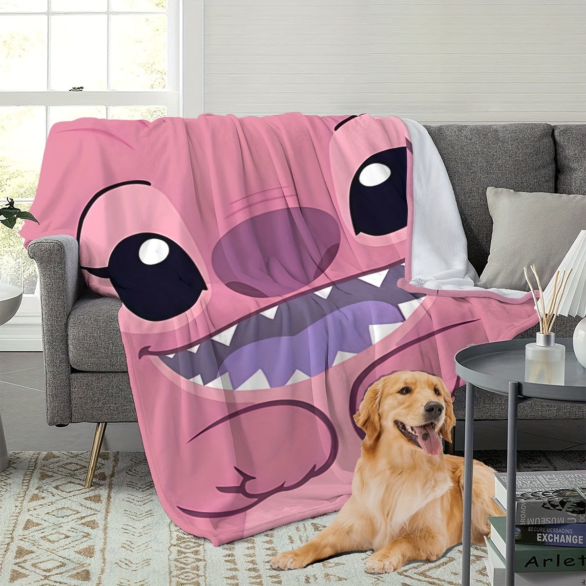 Pink Plush Throw Blanket with Cartoon Design Soft Polyester Knit for Bed Sofa Travel