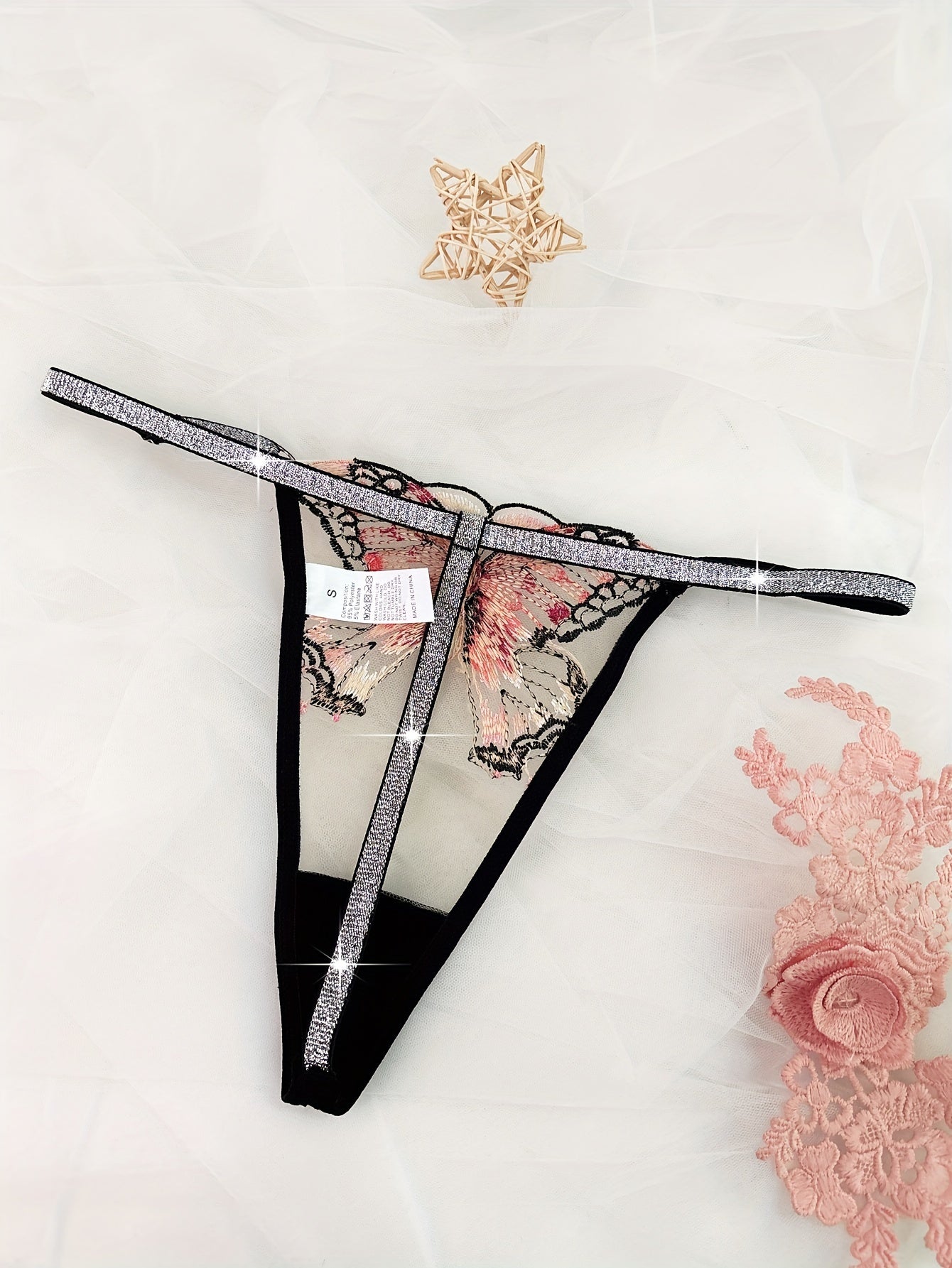 Women's Mesh Thongs with Butterfly Print Glitter Belted Semi-Sheer Lingerie