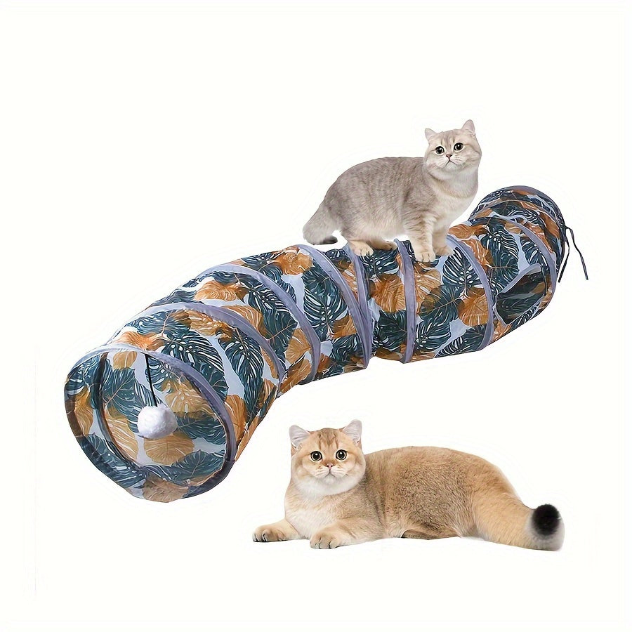 Foldable Polyester Cat Tunnel with Leaf Print, Interactive and Durable Pet Toy