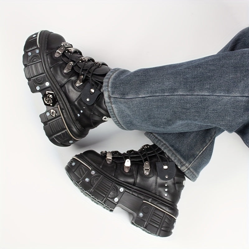 Women's Black Punk Platform Sneakers High Heel Round Toe Outdoor Shoes