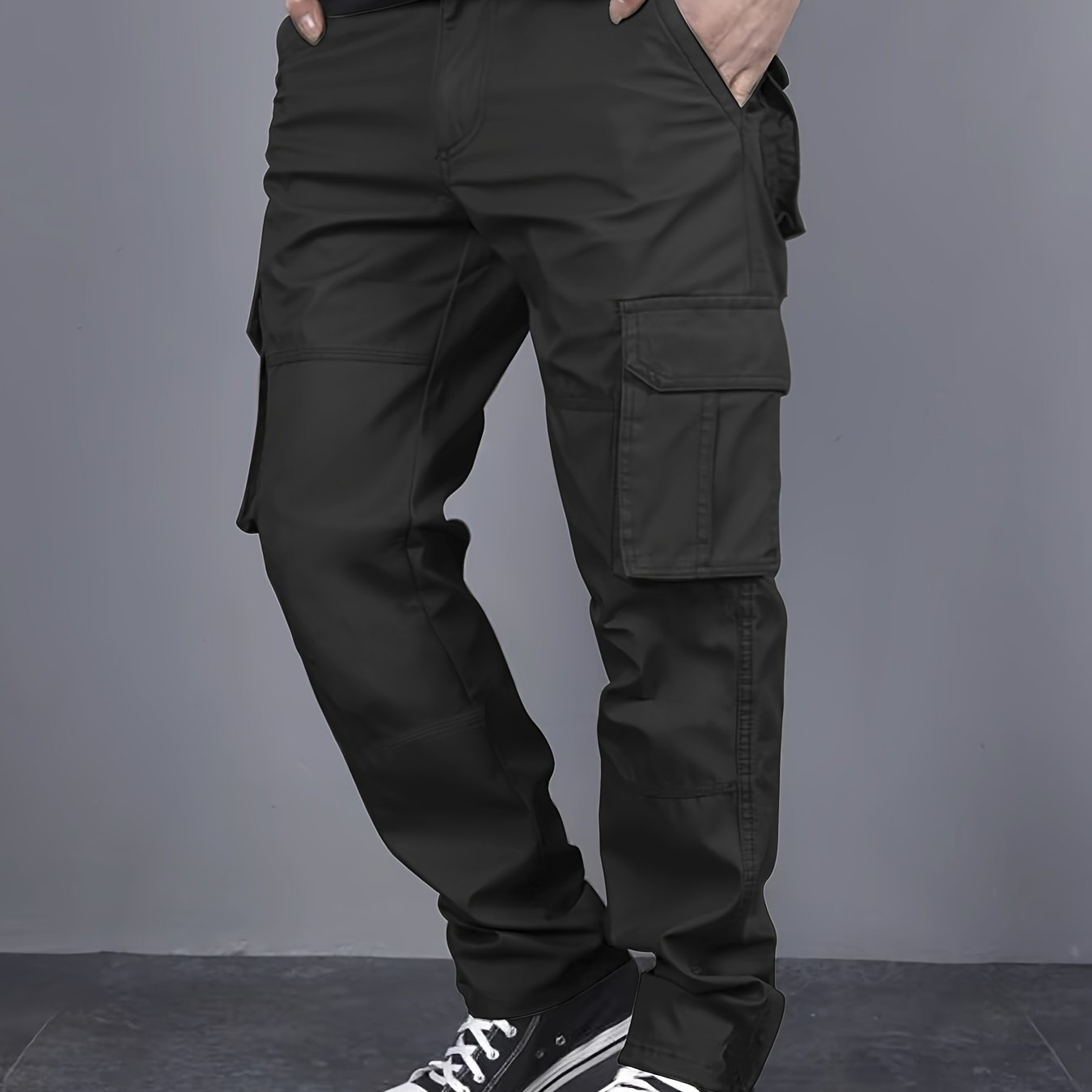Men Solid Color Cargo Pants with Multiple Flap Pockets and Drawstring Waist for Outdoor Activities