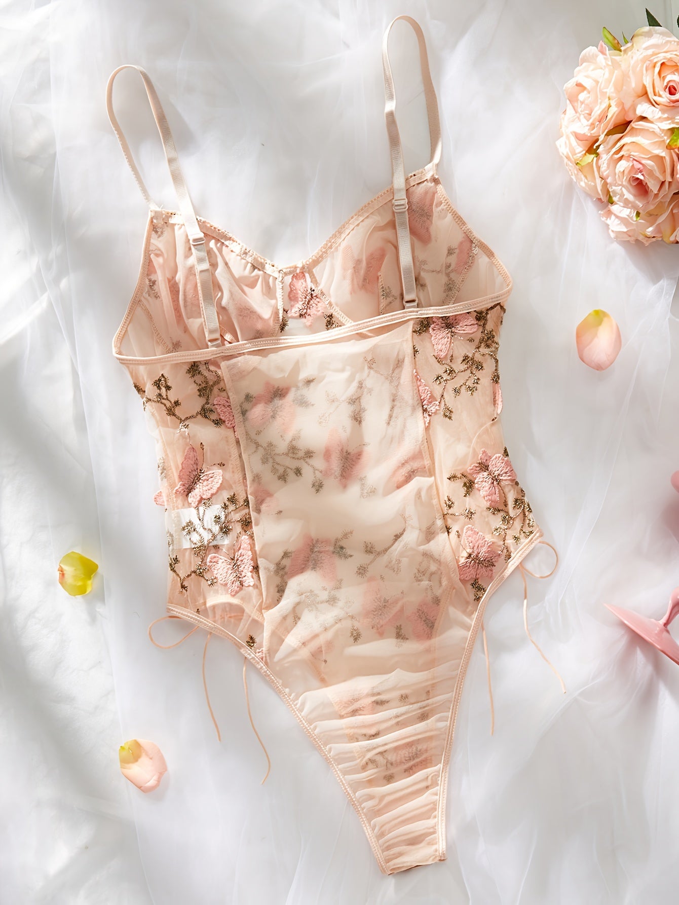 Bodies de felpa con bordado de osito y floral transparente para mujer