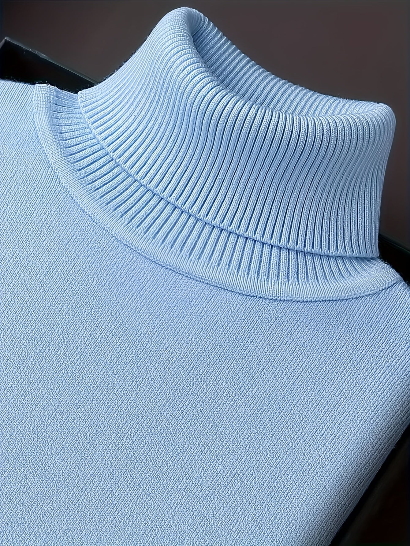 Suéter de cuello alto azul claro para hombre con puños acanalados, mangas largas, mezcla de viscosa, otoño e invierno