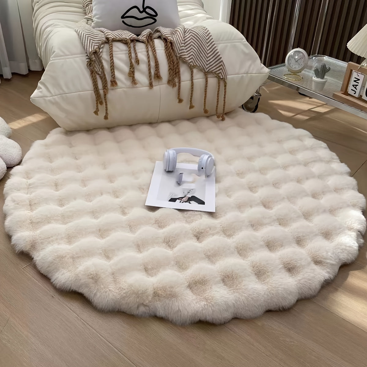 Alfombra redonda de peluche con pelo sintético, de pelo corto y suave, lavable a máquina, decoración para dormitorio