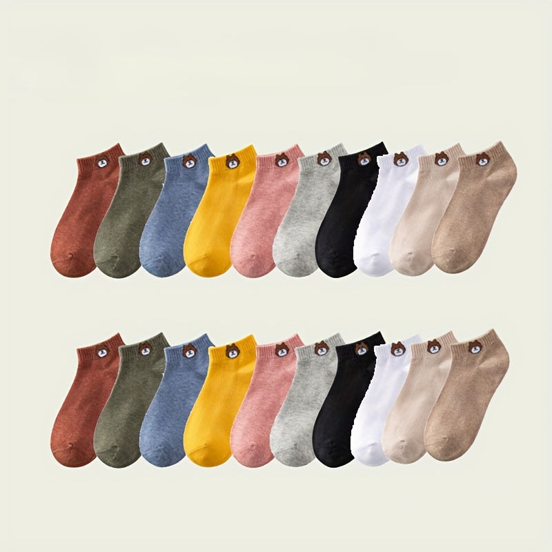 10 Pairs Women's Knit Ankle Socks with Cartoon Bear Design for Spring Autumn Outdoor Sports