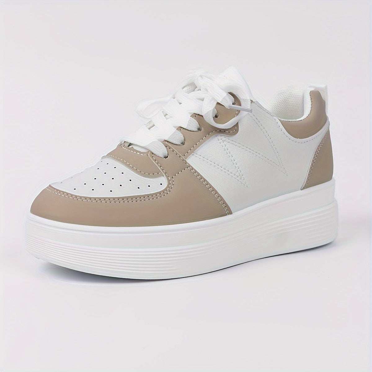 Women’s White Casual Lace-Up Sneakers Flat Shoes with Thick Sole