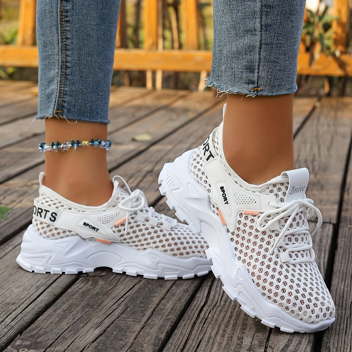 Women's Mesh Casual Sneakers Lightweight Running Shoes White Orange