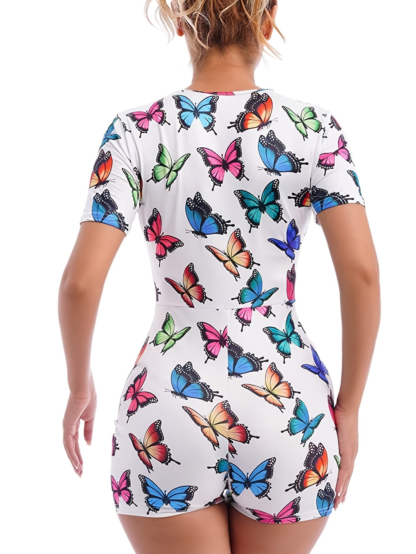 Women's Butterfly Print Lounge Bodysuit Crew Neck Short Sleeve Summer Casual Knit Polyester