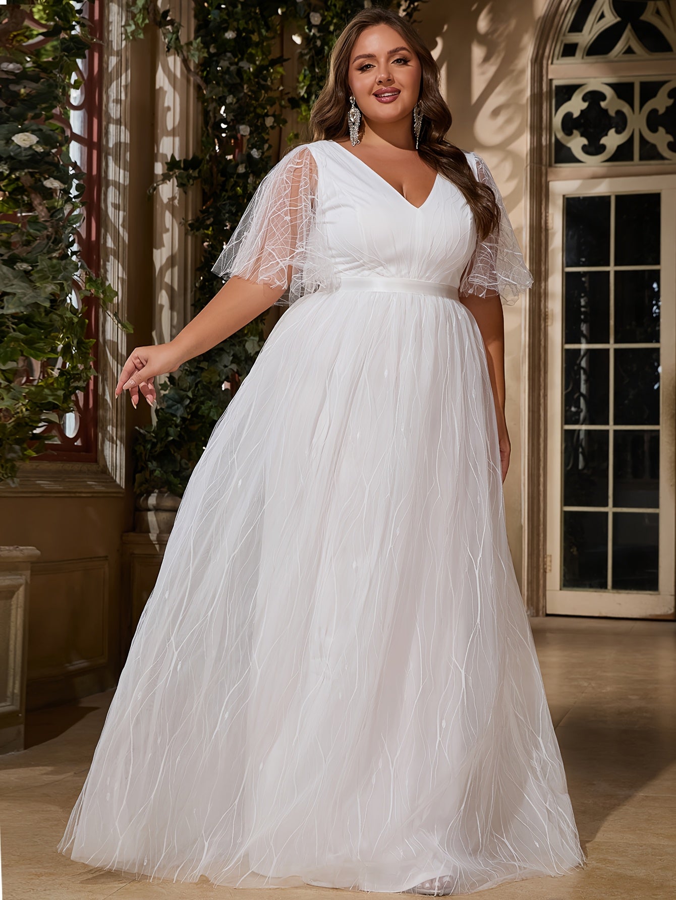 Plus Size Women's V-Neck Ruffle Sleeve Mesh Overlay Wedding Dress Maxi Skirt Formal Evening Wear