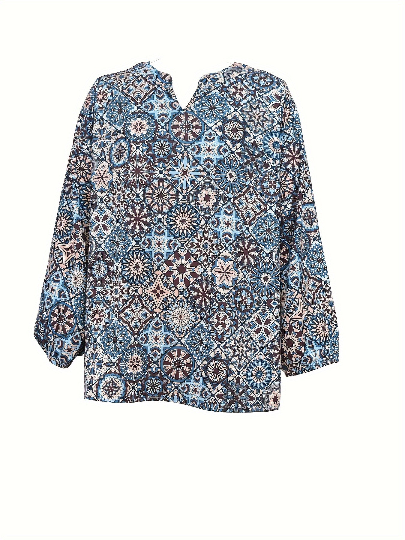 Plus Size Floral Print Notched Neck Blouse Long Sleeve Woven Polyester for Spring Fall