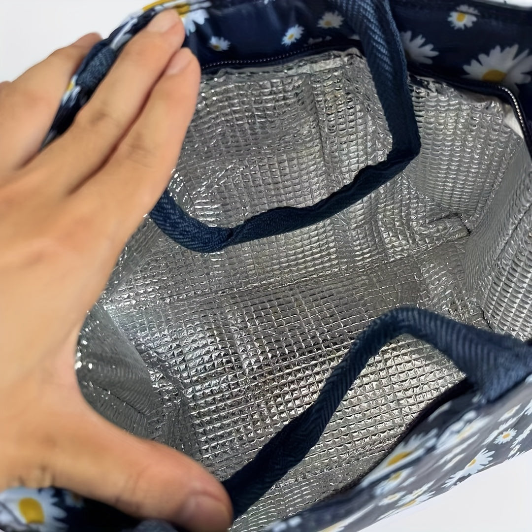 Insulated Lunch Bag with Daisy Print Eco-Friendly Oxford Fabric Large Capacity