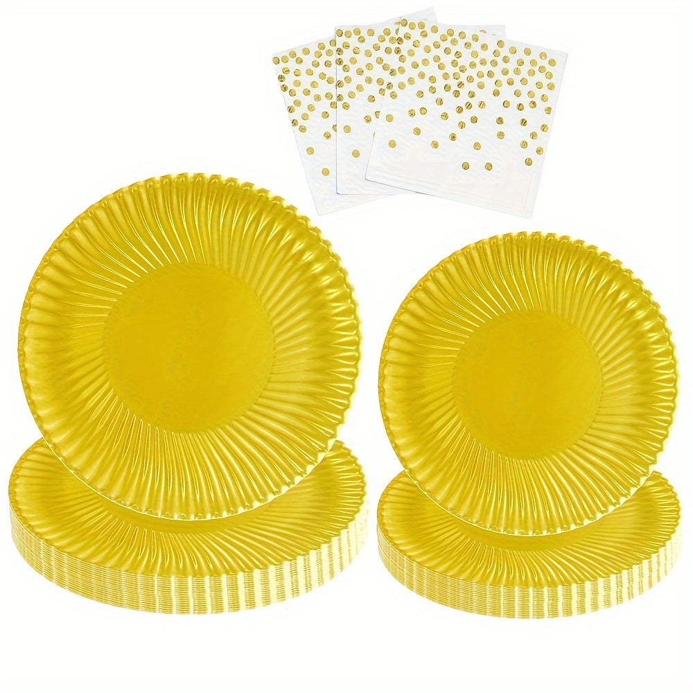 El paquete de suministros para fiestas de oro incluye platos desechables y servilletas para cumpleaños, bodas y feriados
