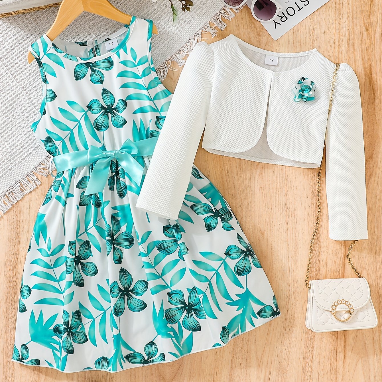 Girls Butterfly Casual Two-Piece Dress Set with Midi Length and Belt