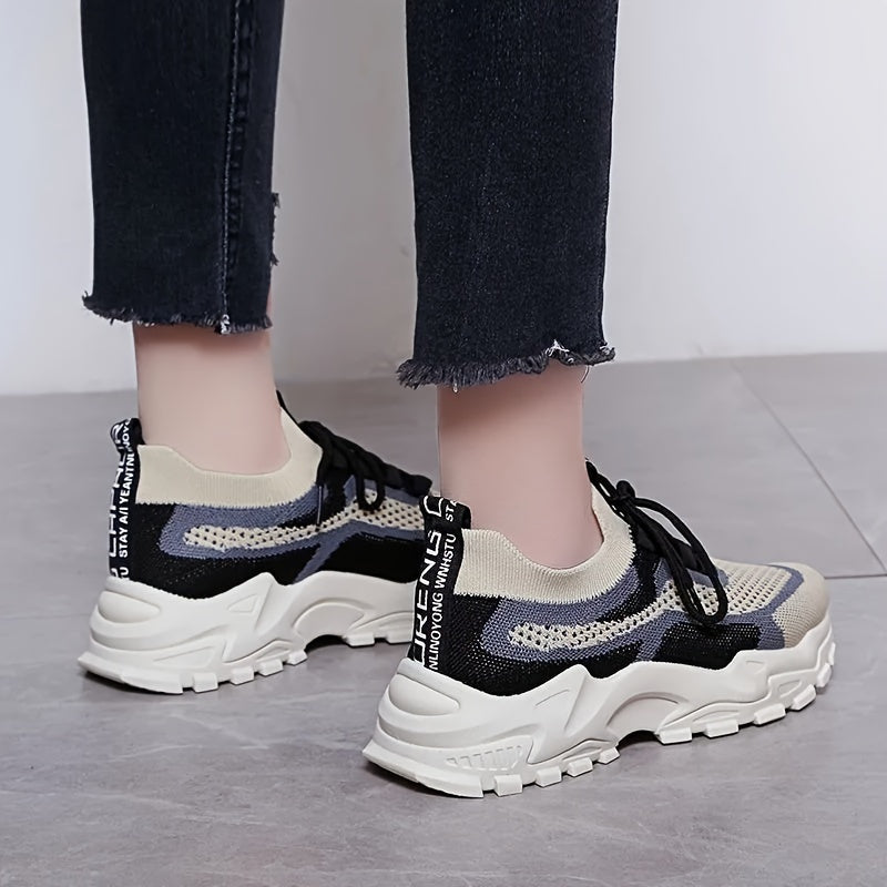 Women's Knit Sneakers Color-Block Low-Top Running Shoes Lightweght Fabric