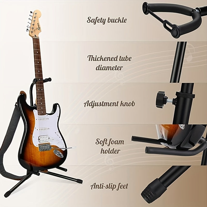 Barcha gitara turlari uchun yumshoq yostiq va rezina oyoqlarga ega sozlanadigan, bukadigan po'lat gitara stendi