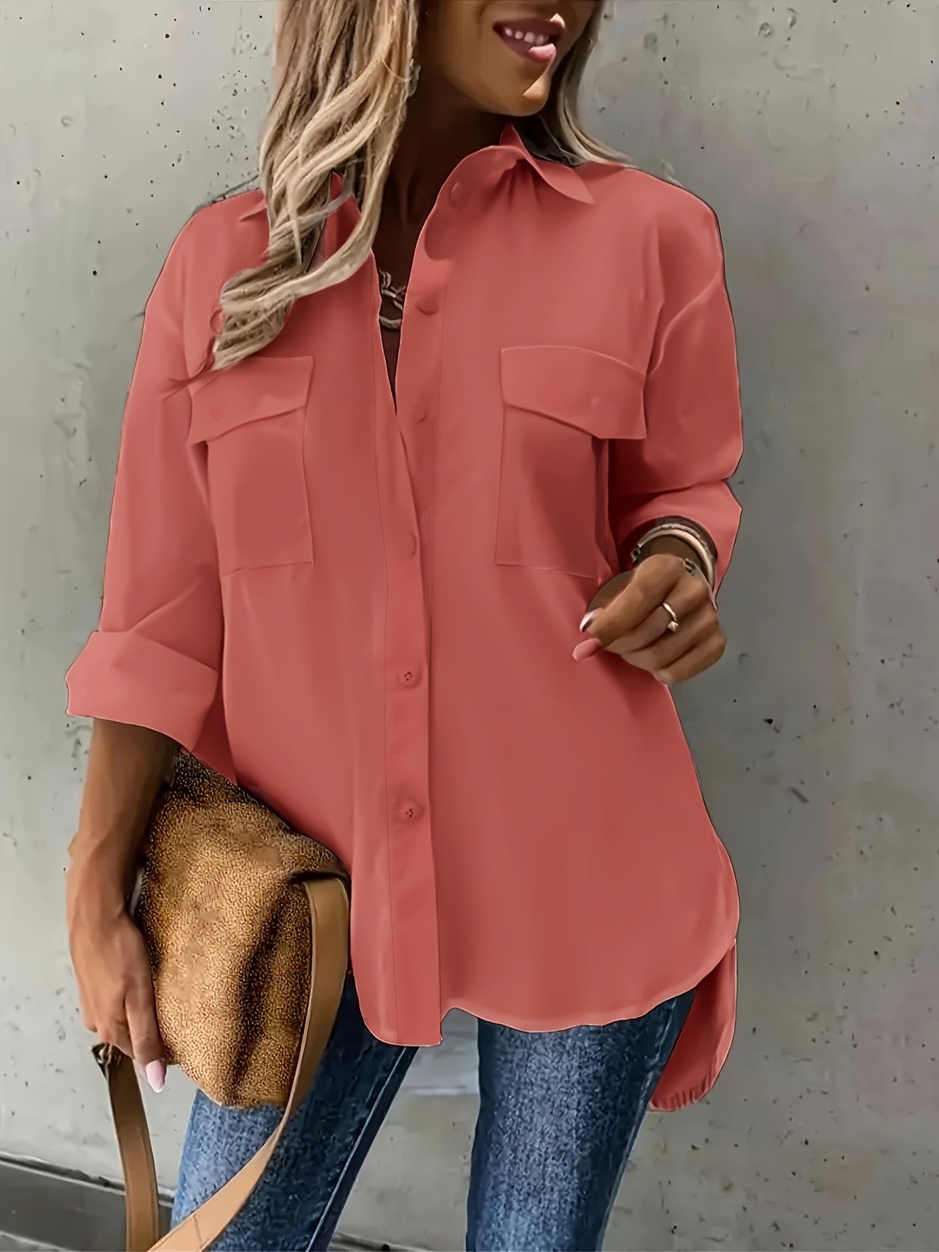 Plus Size Women's Casual Polyester Button Front Shirt with Flap Pockets for Spring