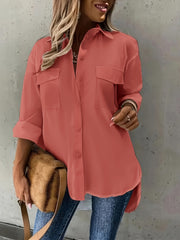 Plus Size Women's Casual Polyester Button Front Shirt with Flap Pockets for Spring