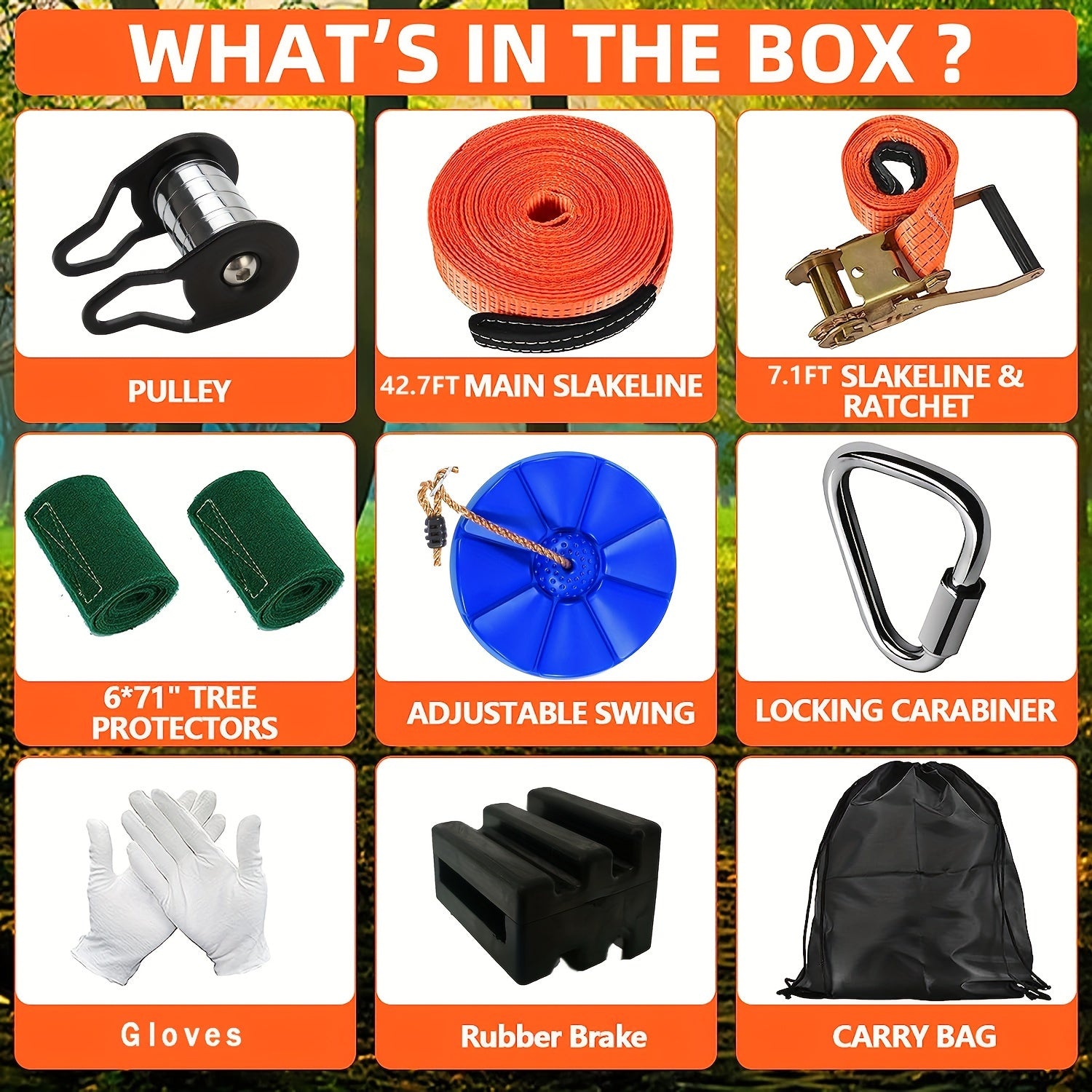 Bitta apelsin rangli polyester zip line to'plami, 15.24 metr, bolalar va kattalar uchun mos, maksimal yuk 149.69KG, jangchi to'siqlar kurslari uchun ideal.