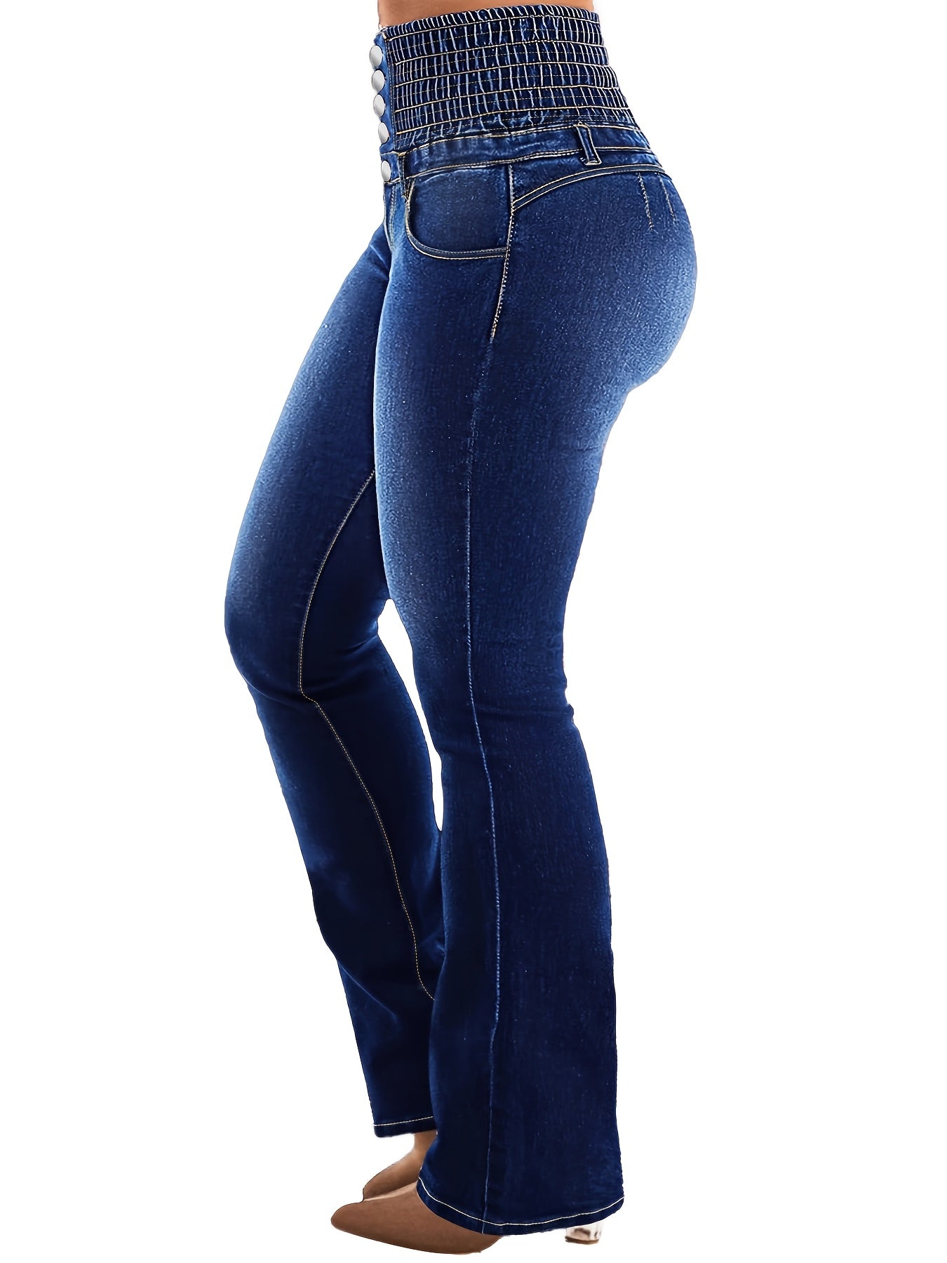 Women High-Waisted Flare Jeans Stretch Denim Plus Size Solid Color