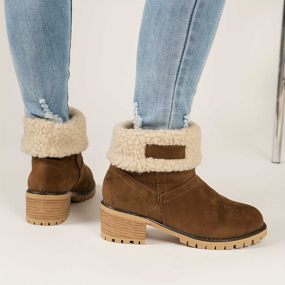 Women's Fleece-Lined Ankle Boots Winter Mid-Calf Thick Rubber Sole