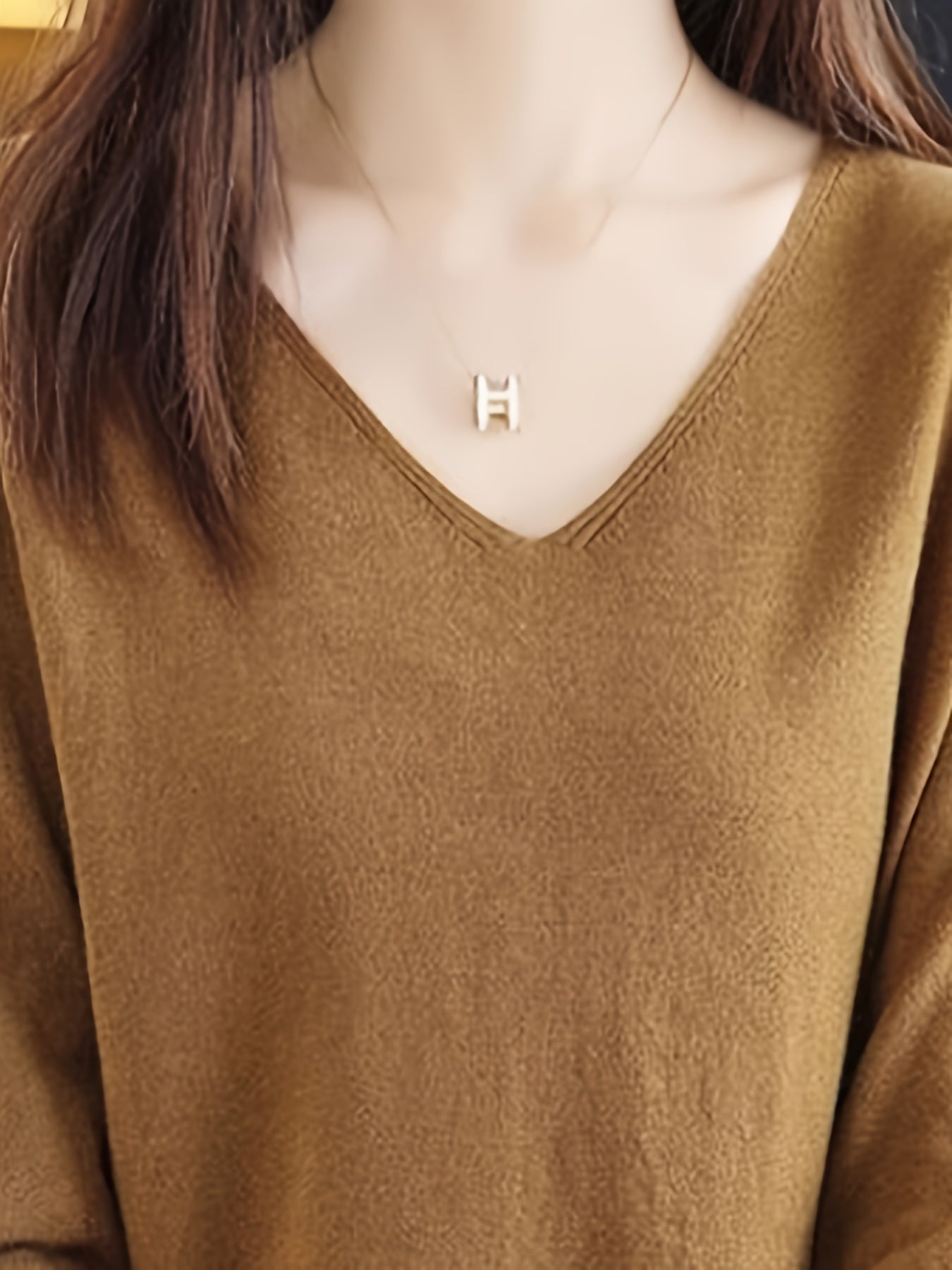 Women's V-Neck Sweater Solid Color Half Sleeve Knit Top for Spring Fall