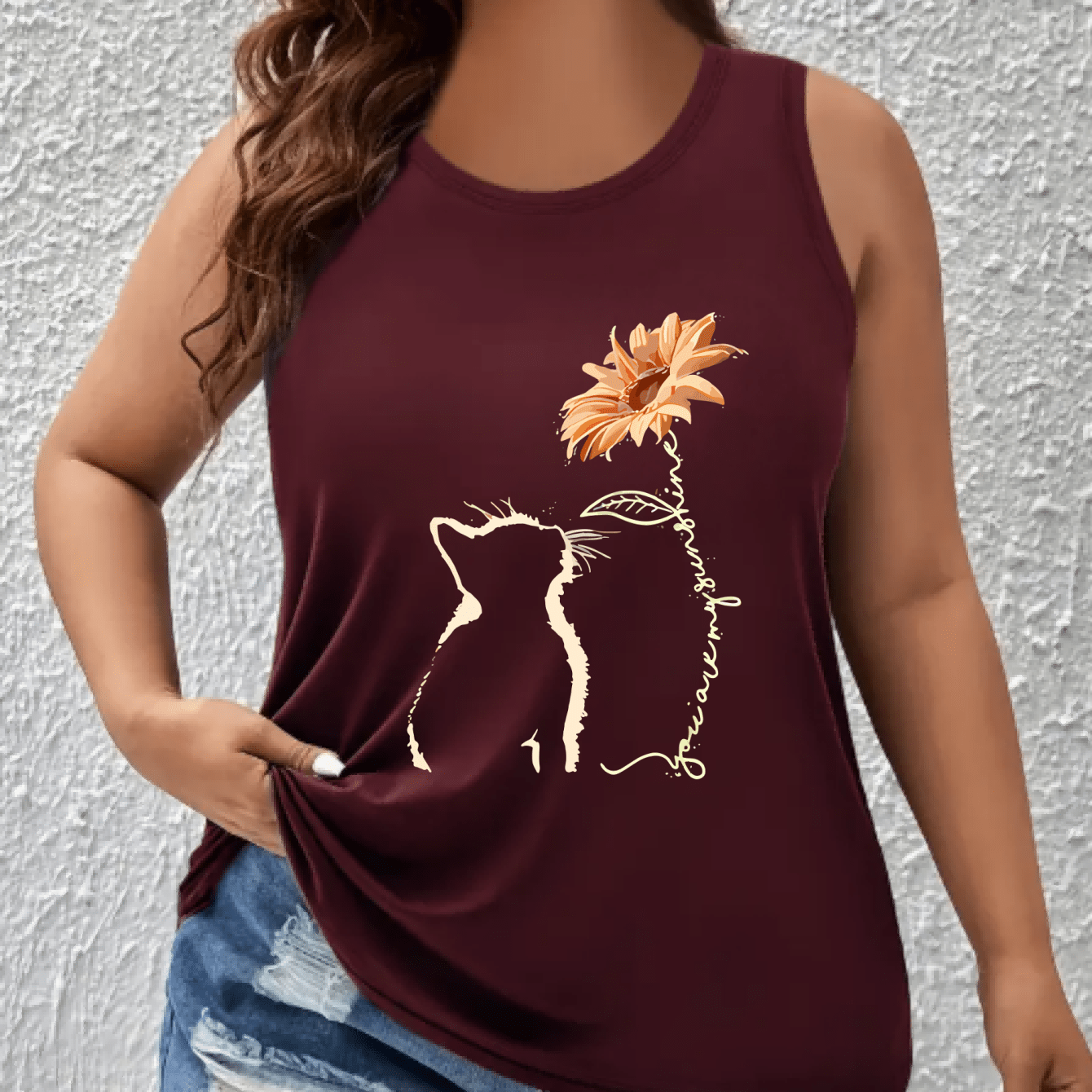 Plus Size Sleeveless Tank Top Women’s Breathable Floral Cat Print Summer Athletic