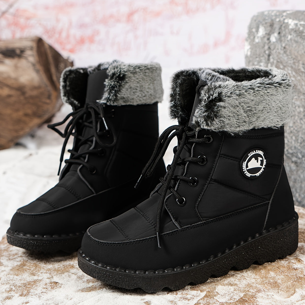 Women's Winter Snow Boots Mid-Calf Casual Solid Color Lace-Up Wedge