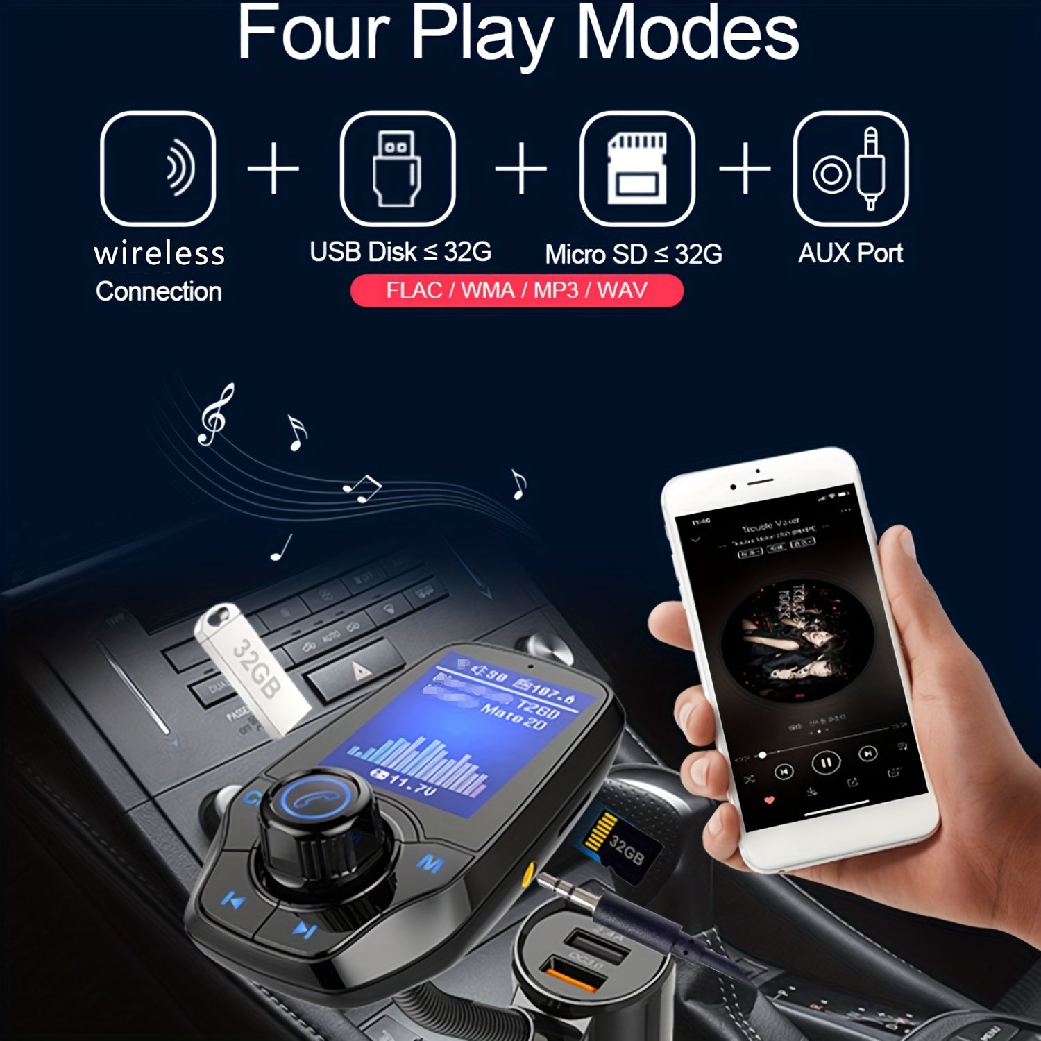 Kit de adaptador transmisor FM inalámbrico para coche con pantalla a color y cargador USB