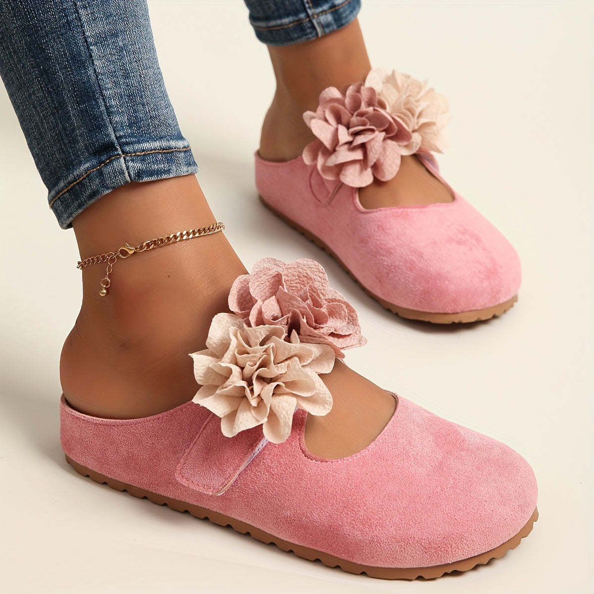 Women's Slip-On Mules with Floral Embellishments Soft Fabric Upper All-Season Casual Shoes