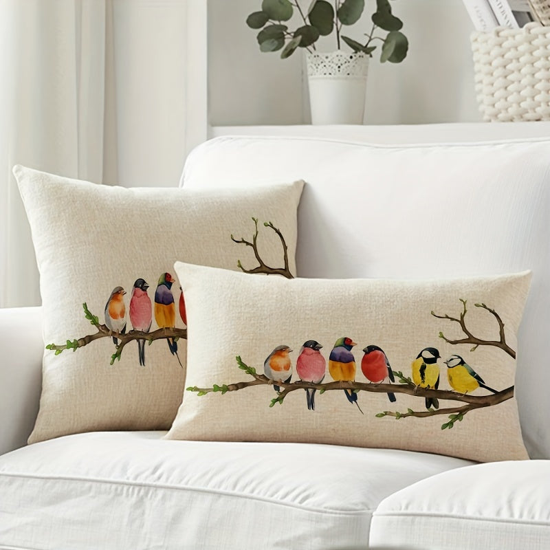 Bird and Floral Throw Pillow Cover 12x20 Inches Zippered Polyester Farmhouse Decor