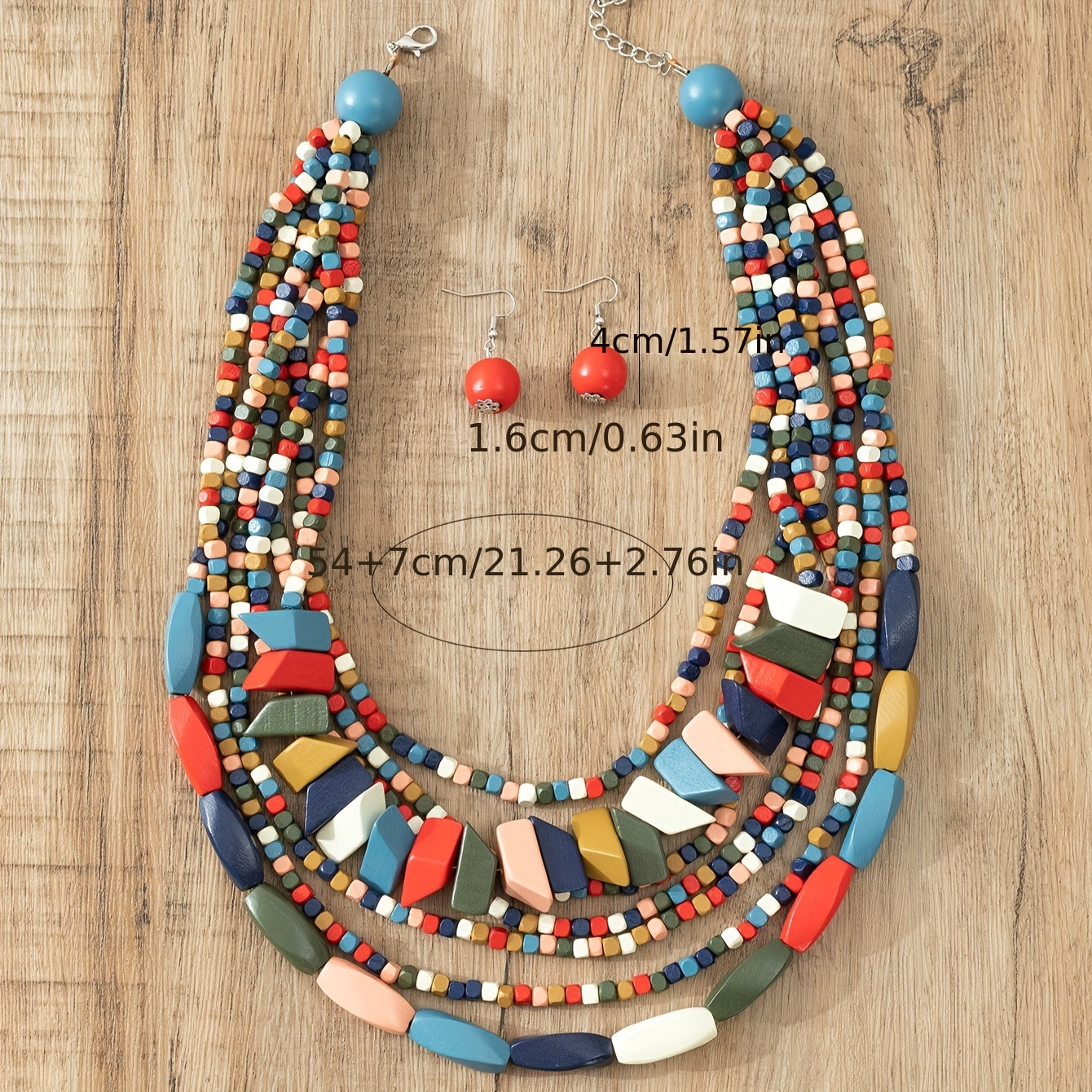 Bohemian Wooden Jewelry Set with Necklace Earrings and Chain in Multiple Colors
