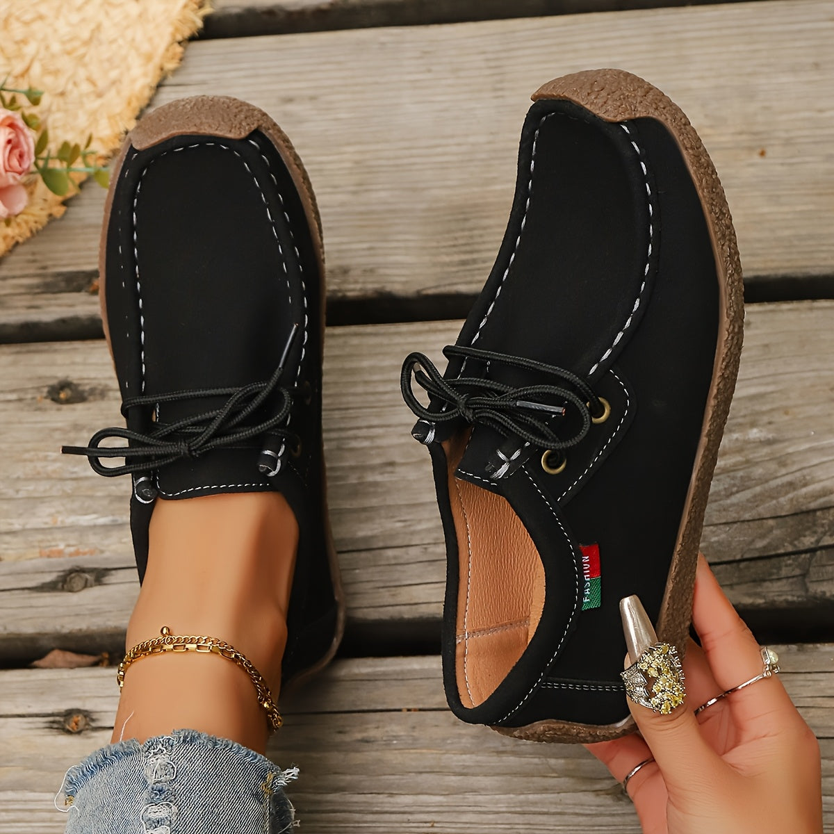 Women's Lightweight Non-Slip Casual Loafers Black Faux Slip-On Shoes