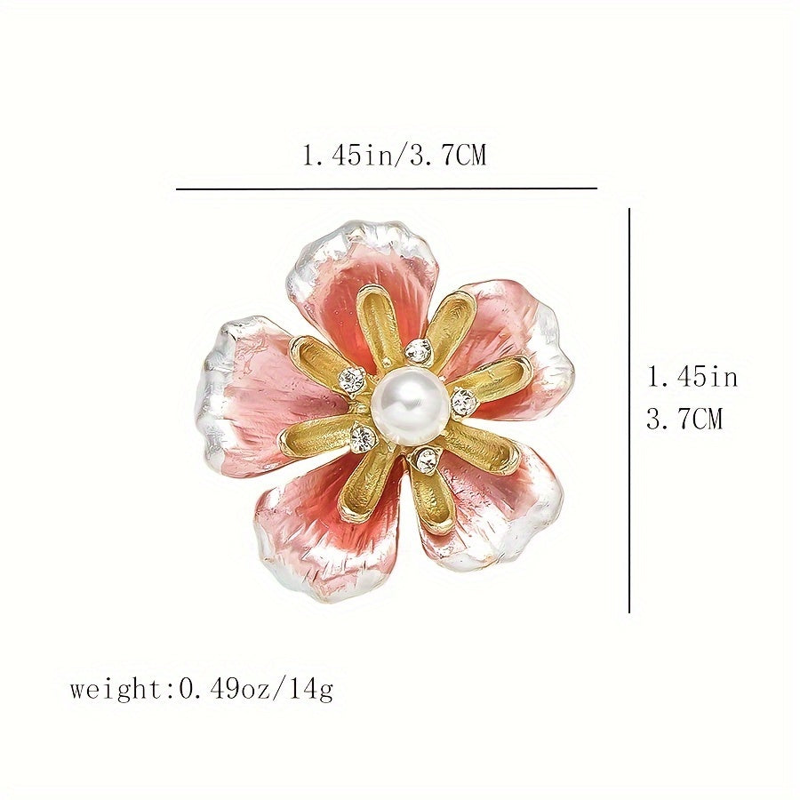 Enamel Flower Brooch with Pearl and Rhinestone Details Elegant Alloy Floral Pin for Women