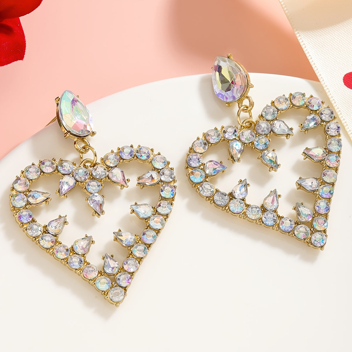 Pink and Red Heart-Shaped Rhinestone Drop Earrings for Valentine's Day Formal Occasion