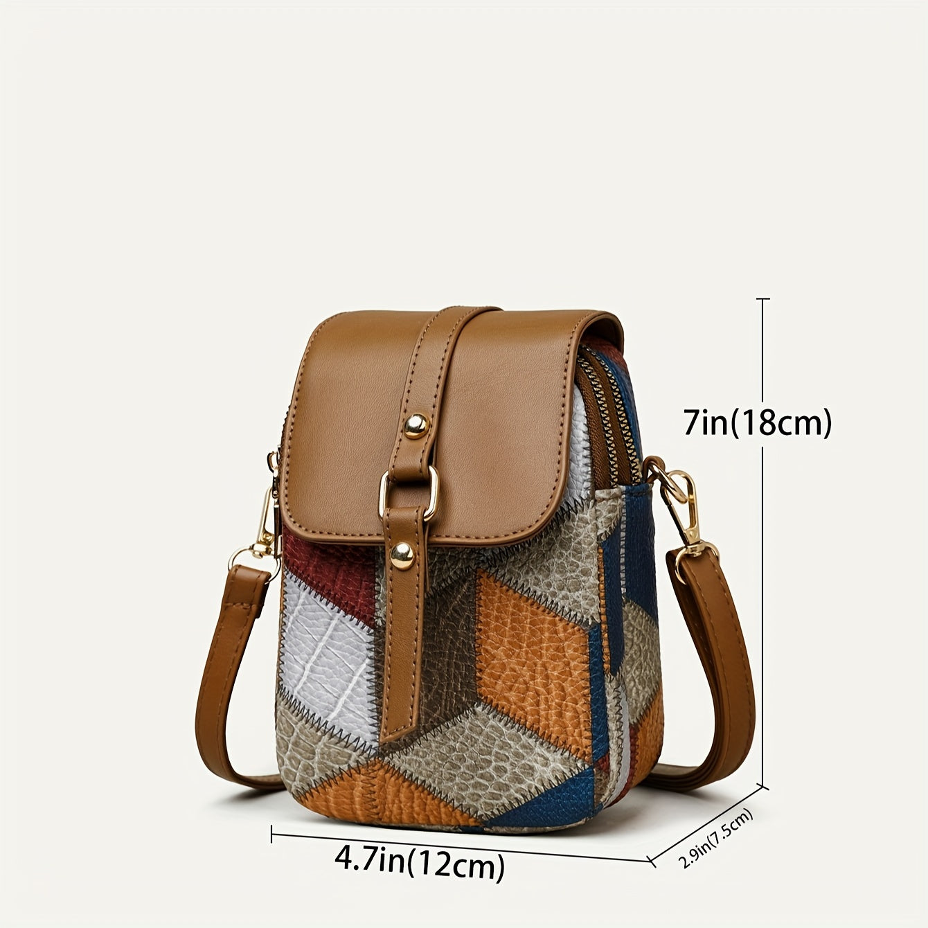 Women's Crossbody Bag with Color-Blocked Diamond Pattern PU Removable Strap Multiple Compartments