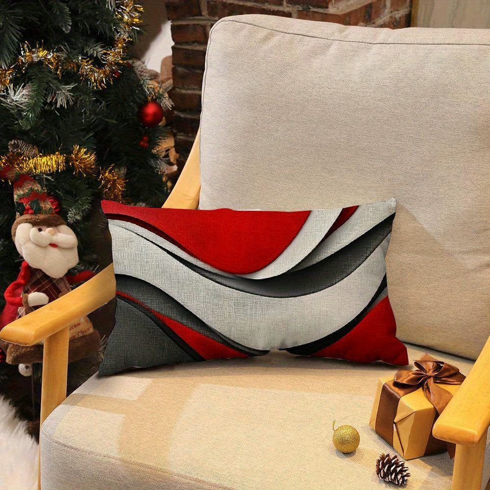 Set of 2 Abstract Rectangular Pillowcases with Geometric Lines, Red White Grey, 30x50 cm