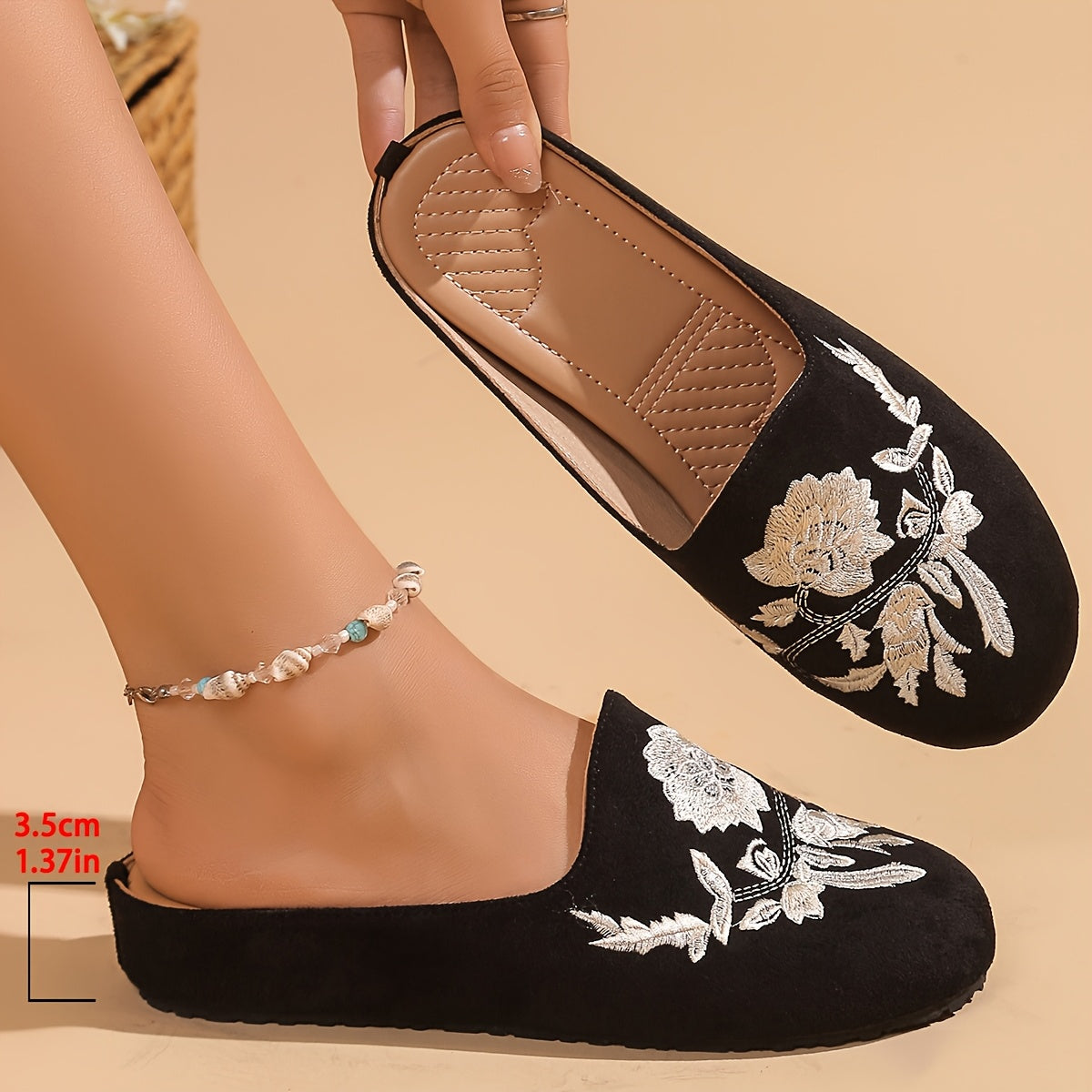 Women's Embroidered Floral Flannel Mules with Rubber Sole All-Season Flats