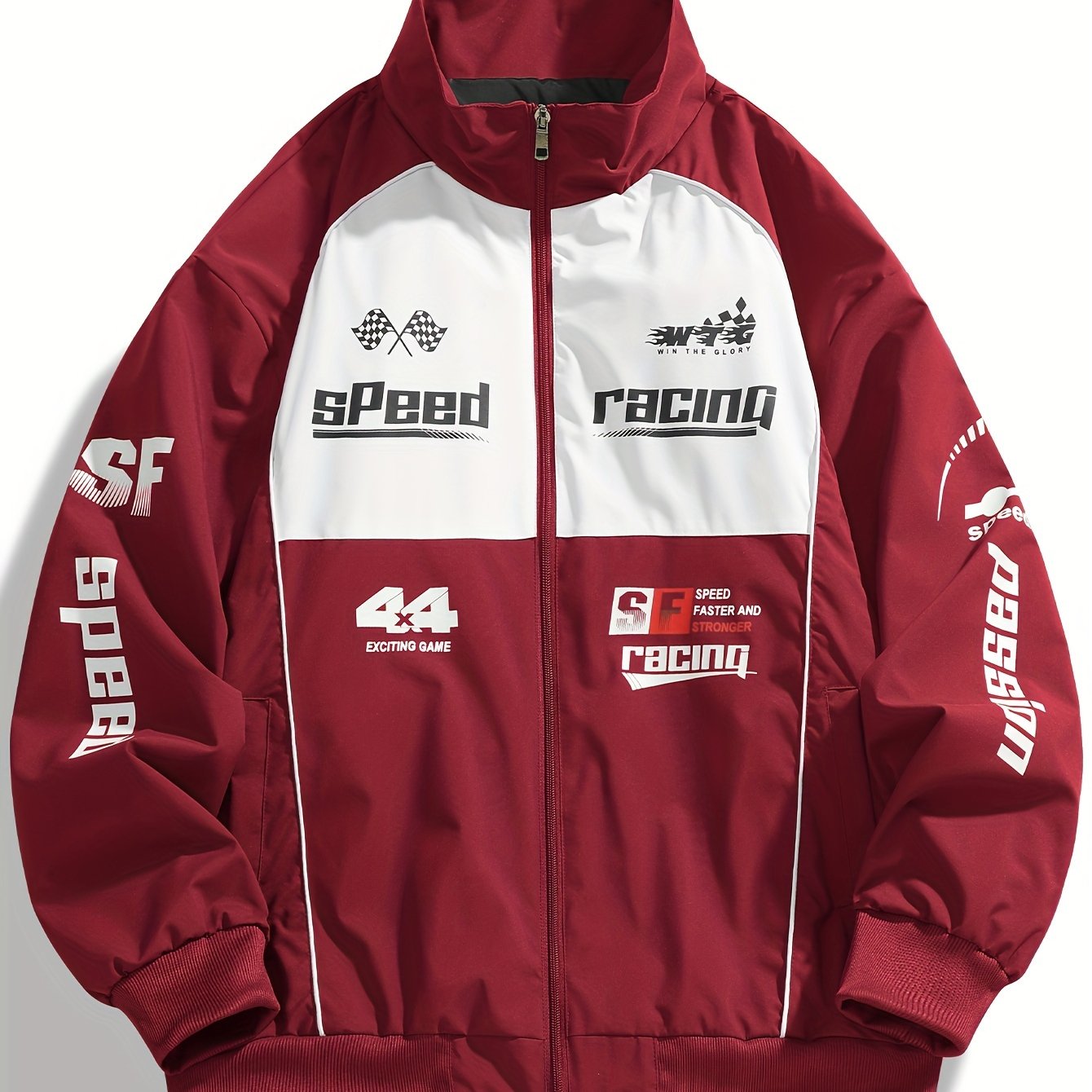 Men's Polyester Bomber Jacket with Zipper Stand Collar Long Sleeves Letter Print Casual