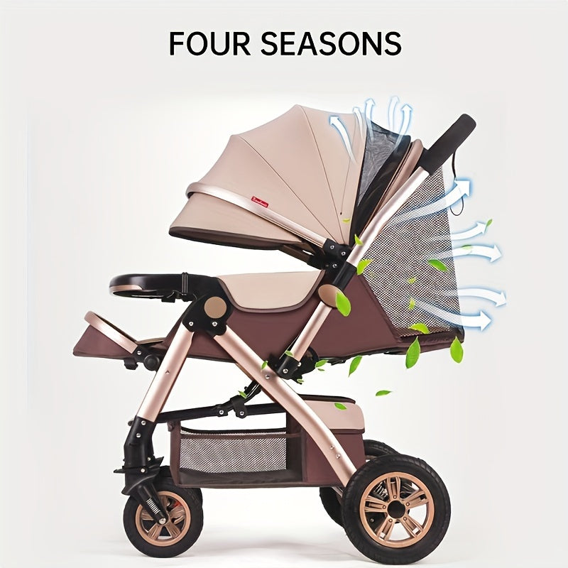 Kids Stroller Khaki and Brown Striped with High Carbon Steel Frame One-Hand Fold Front-Facing