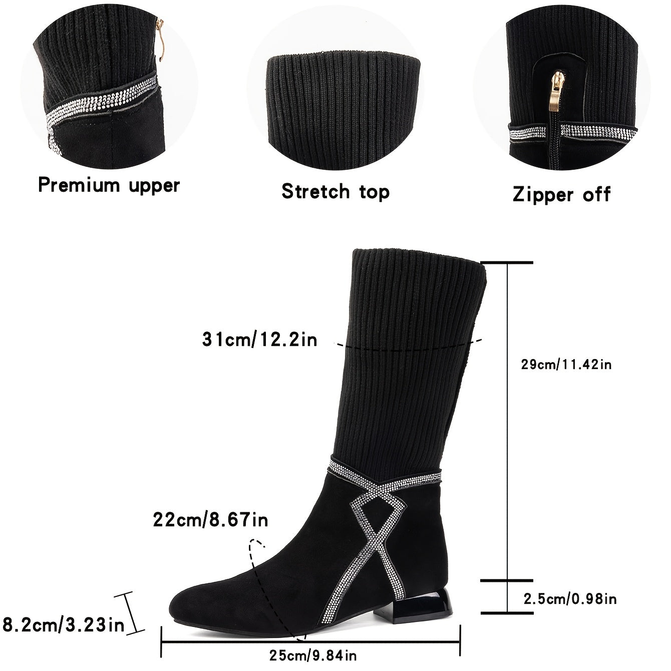 Женские короткие вязанные сапоги однотонного цвета с молнией и низким каблуком