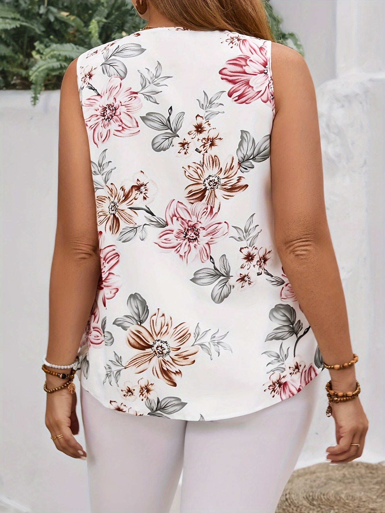 Women's Summer V-Neck Floral Print Tank Top with Faux Button Polyester Casual