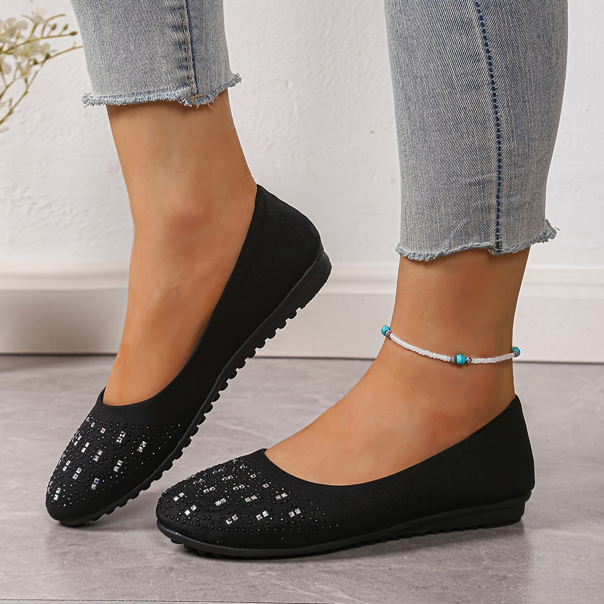 Women's Glittery Rhinestone-Embellished Slip-On Flats Black Fabric All-Season Shoes